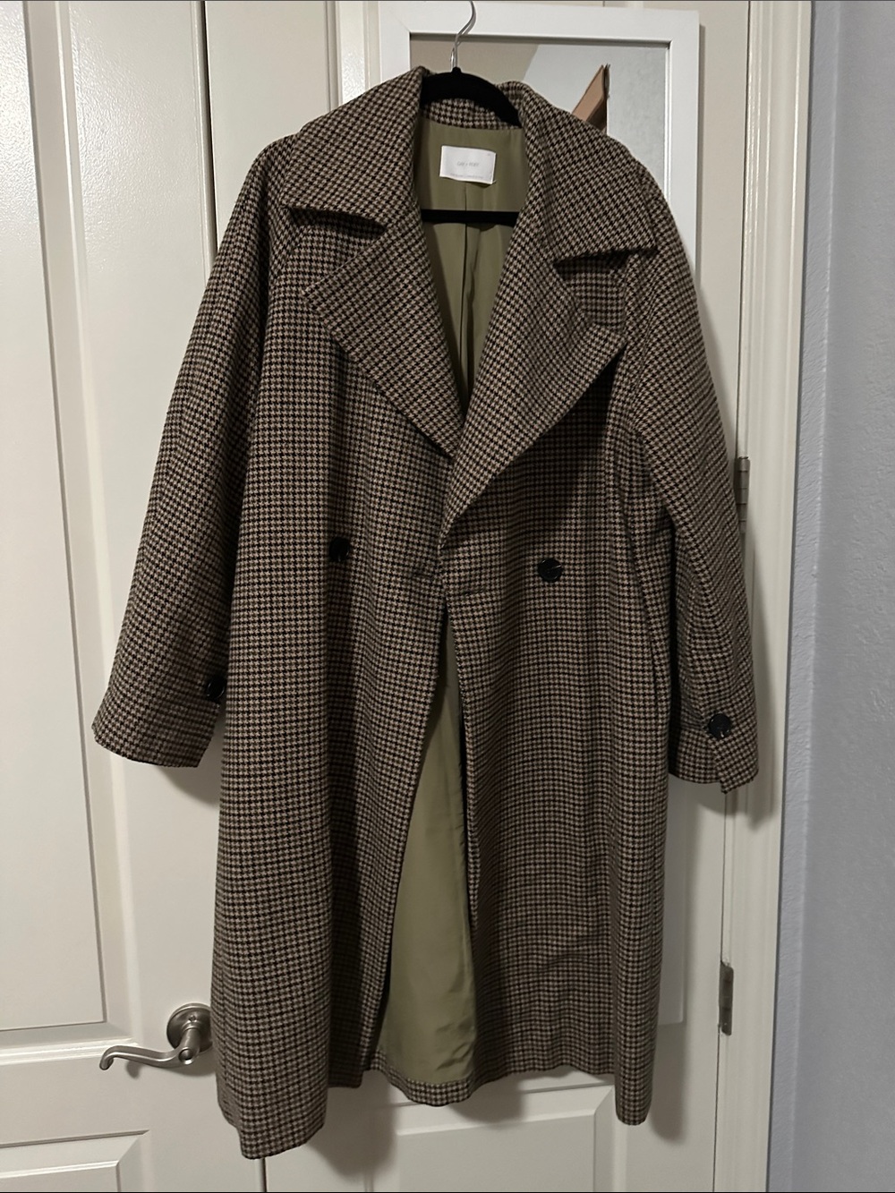Houndstooth Double-Breasted Women's Trench Coat - Brown/Olive